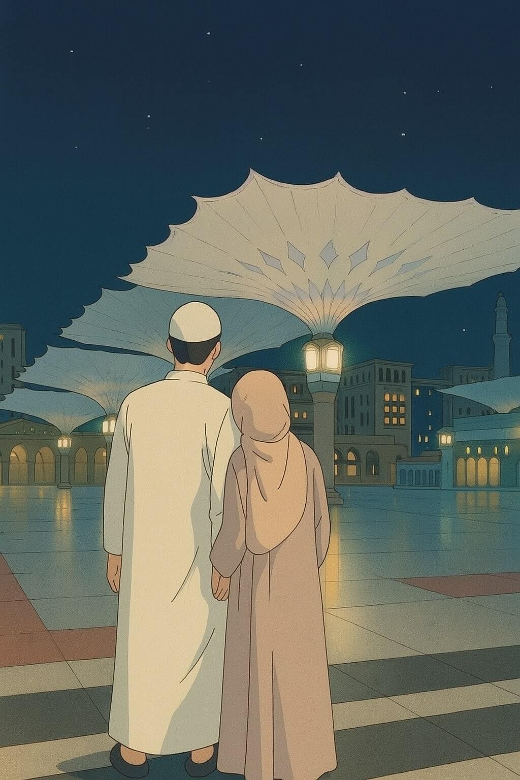 Muslim couple standing together in the courtyard of a mosque.