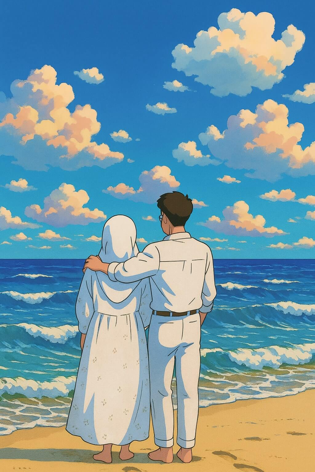 Muslim couple standing by the ocean, facing the sea.