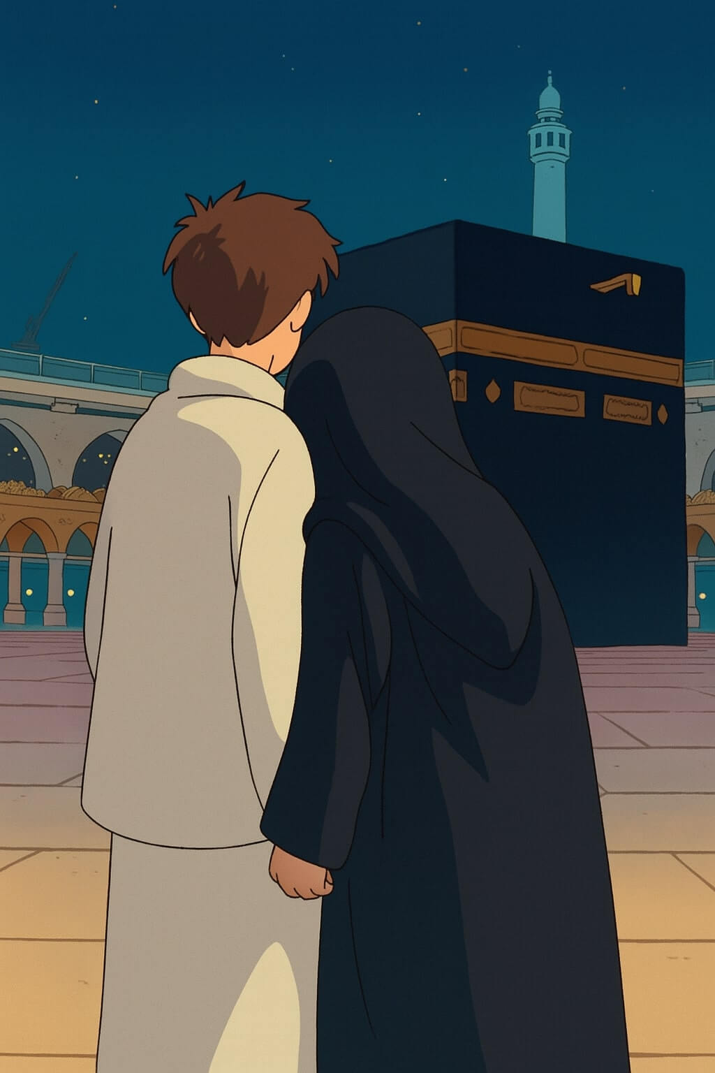 Muslim couple standing close in front of the Kaaba at night.