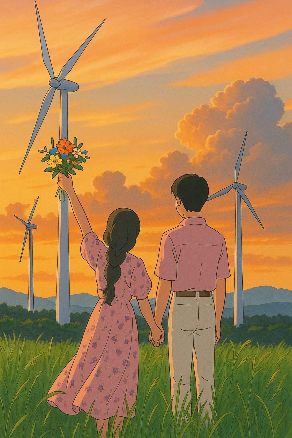 Couple holding hands in a field with wind turbines at sunset.