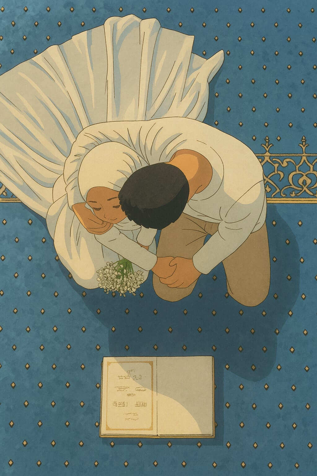 Muslim bride and groom sitting beside each other in a mosque.