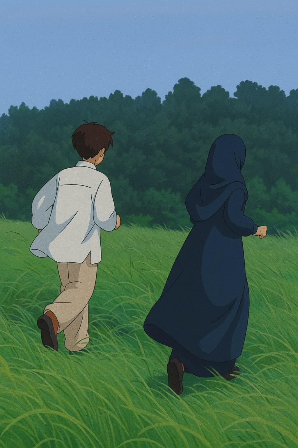 Muslim couple running through a grassy field.